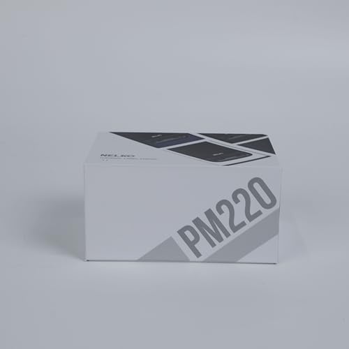 A white box displaying PM220 in large gray letters indicates the Nelko PM220 Label Printer. Set against a plain backdrop, it supports the Nelko APP and features Bluetooth for easy labeling. The printer is portable, 2 thermal, and available in blue.