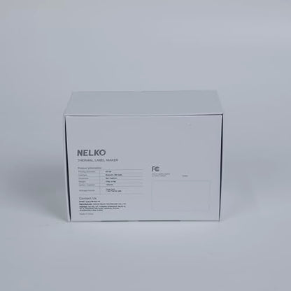 The Nelko PM220 Label Printer Portable 2 Thermal Bluetooth (Blue) box is shown on a plain background, highlighting the text and contact details on its side.