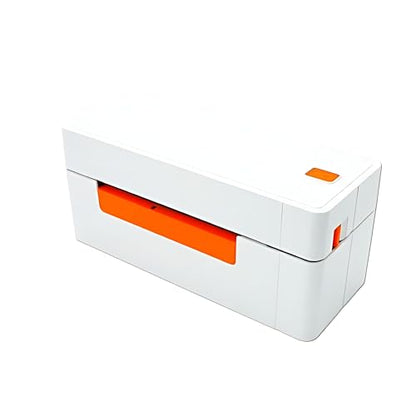 The KUPIS KP40 Shipping Label Printer, a compact 4-inch white thermal printer with orange accents, features a minimalist design. It includes an orange button on top and an orange section in the paper feed area, sitting elegantly against a white background.