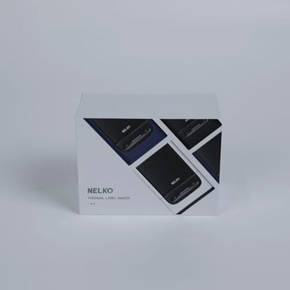 The Nelko PM220 Label Printers packaging features vibrant images of the blue 2 thermal Bluetooth device against a plain background, with highlights on its seamless connectivity via the Nelko APP, appealing to tech enthusiasts.