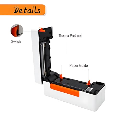 The KUPIS KP40 Shipping Label Printer, an ecommerce barcode label printer, features an open 4-inch thermal design displaying components labeled Switch, Thermal Printhead, and Paper Guide. This mostly white device with orange accents provides flexible label sizing. Details is prominent in the top left corner.