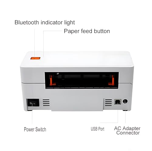 Back view of the KUPIS KP40 Shipping Label Printer with labeled parts: Bluetooth indicator light, paper feed button, power switch, USB port, and AC adapter connector. It features black and orange accents for flair and supports flexible label sizes.