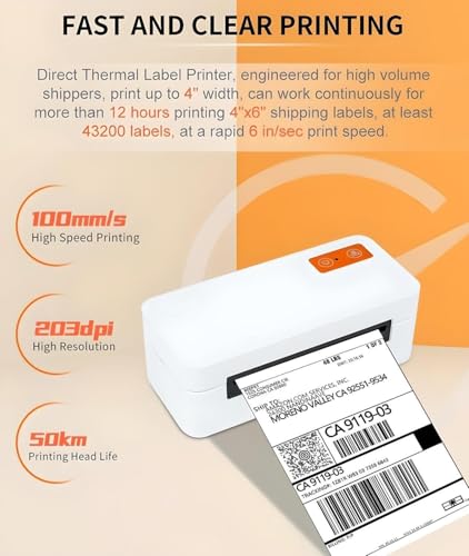 Image of the KUPIS KP40 Shipping Label Printer, showcasing a printed shipping label. Features include high-speed printing at 100mm/s, a resolution of 203dpi, and a 50km print head life. Designed for ecommerce and high-volume shippers, it offers excellent label size flexibility.