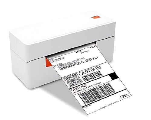 The KUPIS KP40 Shipping Label Printer, with its sleek design and subtle orange accent, efficiently prints shipping labels featuring barcodes and addresses, making it a perfect choice for streamlined inventory management.