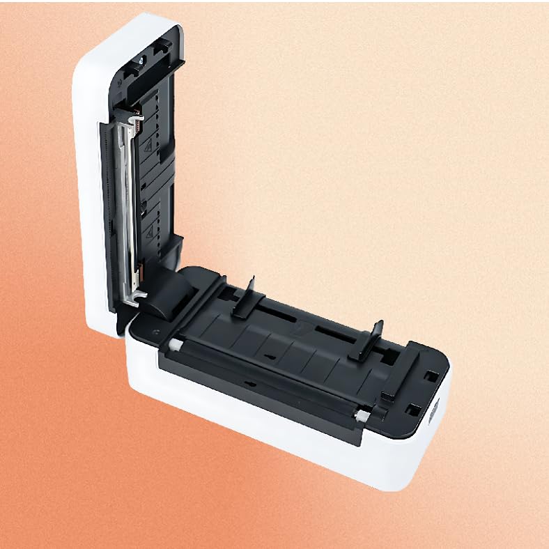 The KUPIS KP40 Shipping Label Printer, a compact black and white thermal label printer, with an open folding mechanism sits on a peach background. It features slots and connectors for docking or charging and offers 4-inch label size flexibility for various ecommerce needs.