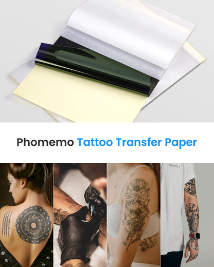 A close-up of Phomemo A4 Tattoo Transfer Paper - 100 Sheets, Compatible with M08F, shows sheets partially flipped. Below are photos of people with various tattoos: a back mandala and forearm floral tattoo in progress, possibly created using a Thermal Tattoo Stencil Printer, plus shoulder floral ink and art on both arms.