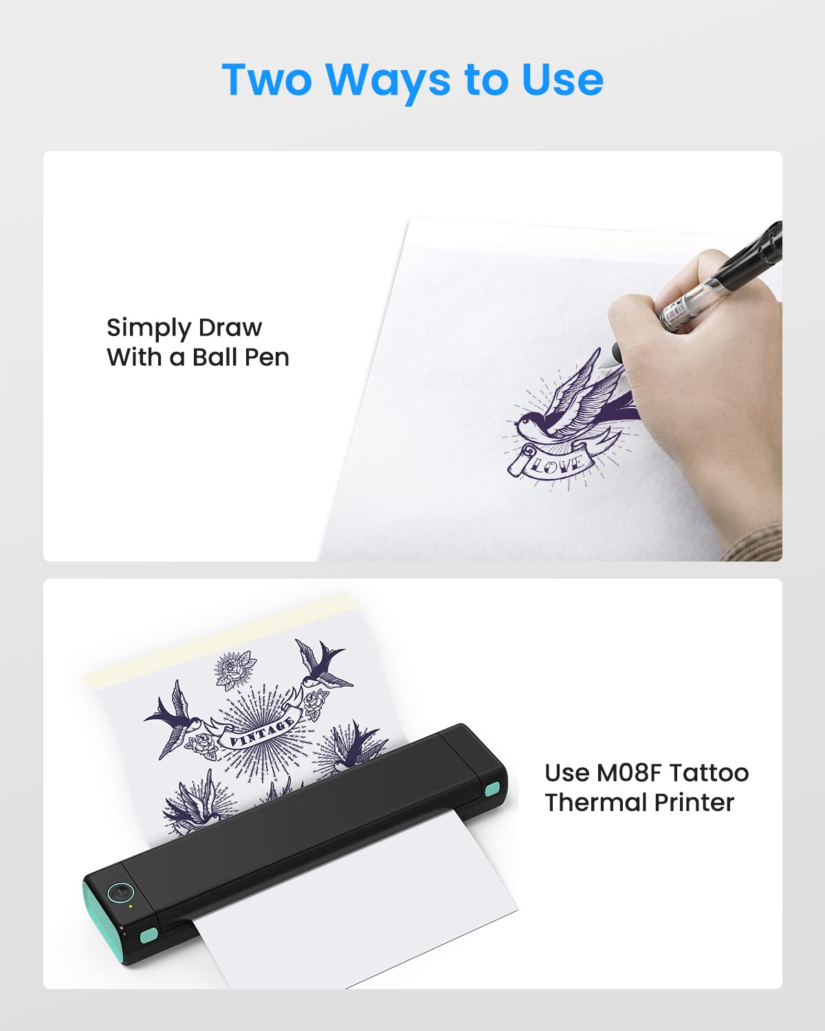 The top image shows a hand sketching a LOVE tattoo design, while the bottom displays the Phomemo A4 Tattoo Transfer Paper used with the M08F Thermal Tattoo Stencil Printer to effortlessly transfer an intricate birds and FREEDOM design.