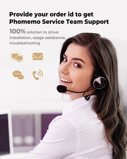 A woman with a headset smiles at the camera. Text reads: Share your order ID for Phomemo Support on your M110 or Bluetooth label maker. Get 100% help for driver installation, usage, and troubleshooting. Icons of chat, email, and phone are shown.