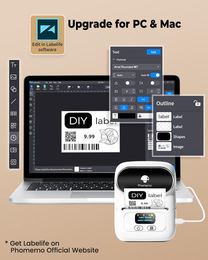 A laptop shows label-making software with the Phomemo M110 Portable Label Printer in front. The display features text, format, and outline options, with Upgrade for PC & Mac visible. Visit Phomemo Official Website to get Labelife and enhance your Bluetooth label maker experience.