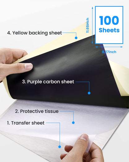 A close-up shows hands holding Phomemo A4 Tattoo Transfer Paper, ideal for tattoo artists. It features a yellow backing sheet, purple carbon sheet, protective tissue, and transfer sheet. Each sheet measures 11.9 by 8.27 inches in a pack of 100 sheets compatible with Thermal Tattoo Stencil Printer M08F.