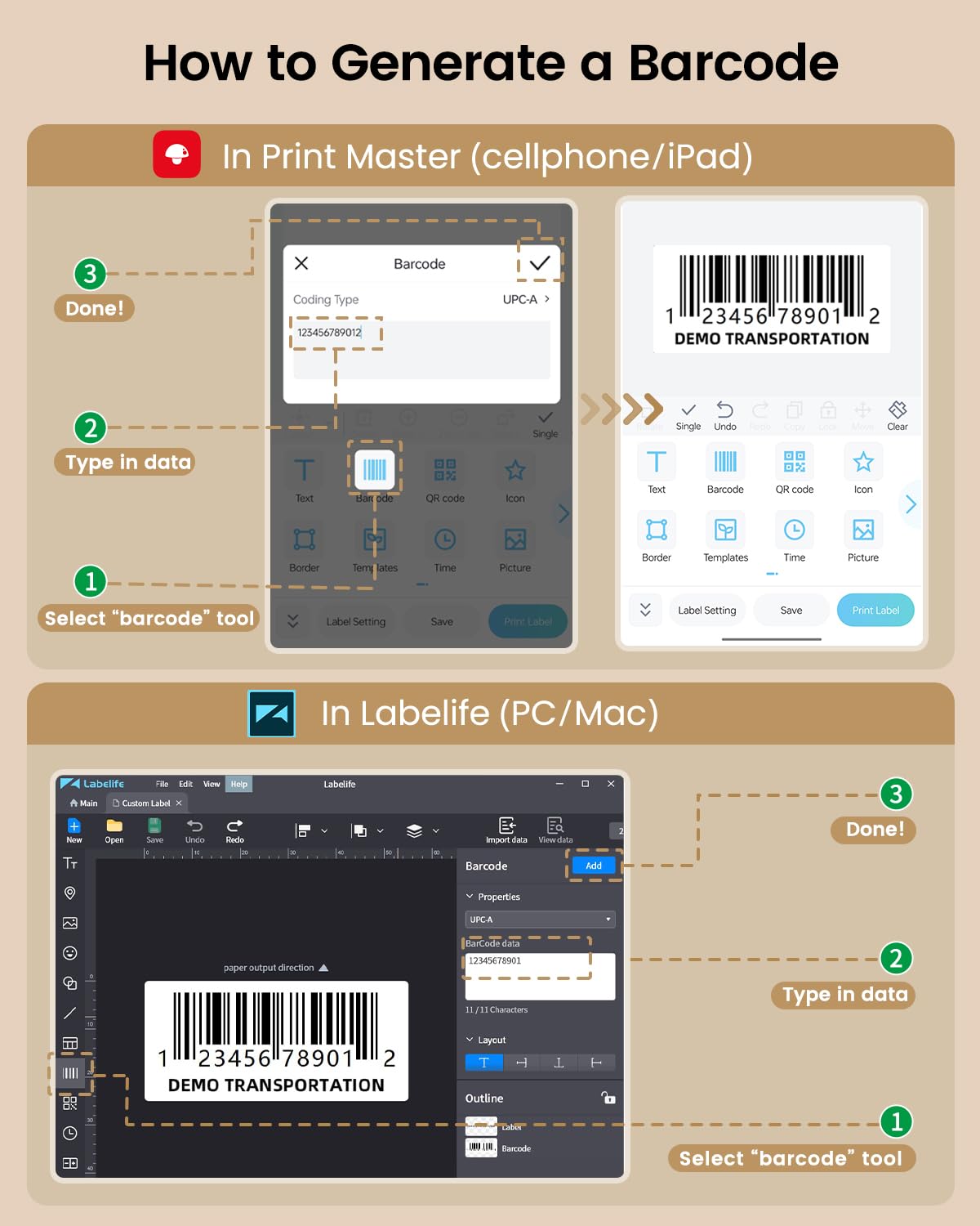 Infographic: Create barcodes using Print Master on mobile or Labelife on PC/Mac. Select barcode, input data, and click done to generate a barcode with DEMO TRANSPORTATION text. Perfect for the Phomemo M110 Portable Label Printer for Business Home & Office (White).