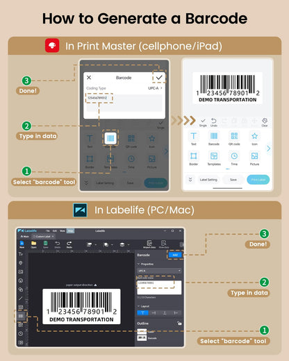 Infographic: Create barcodes using Print Master on mobile or Labelife on PC/Mac. Select barcode, input data, and click done to generate a barcode with DEMO TRANSPORTATION text. Perfect for the Phomemo M110 Portable Label Printer for Business Home & Office (White).