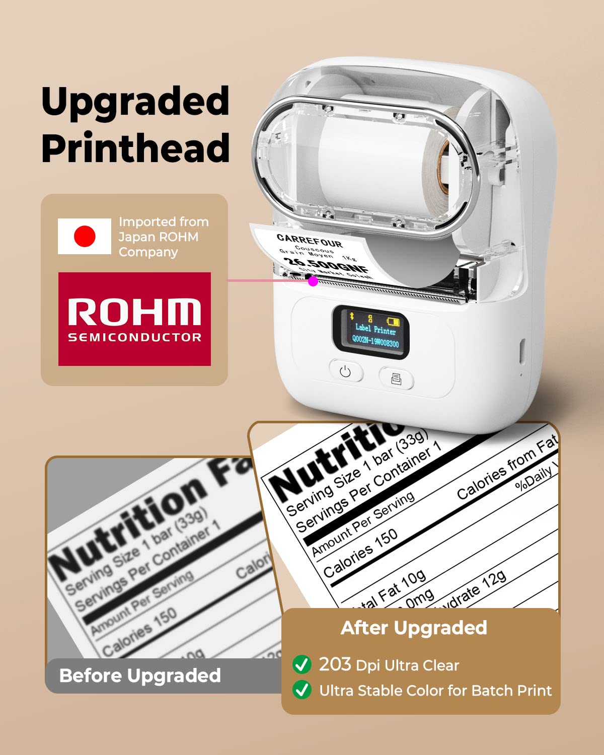 The Phomemo M110 Portable Label Printer for Business Home & Office (White) features an Upgraded Printhead for enhanced clarity and stability. Graphics highlight improved print quality, prominently displaying the ROHM Semiconductor logo on this compact Bluetooth thermal label maker.