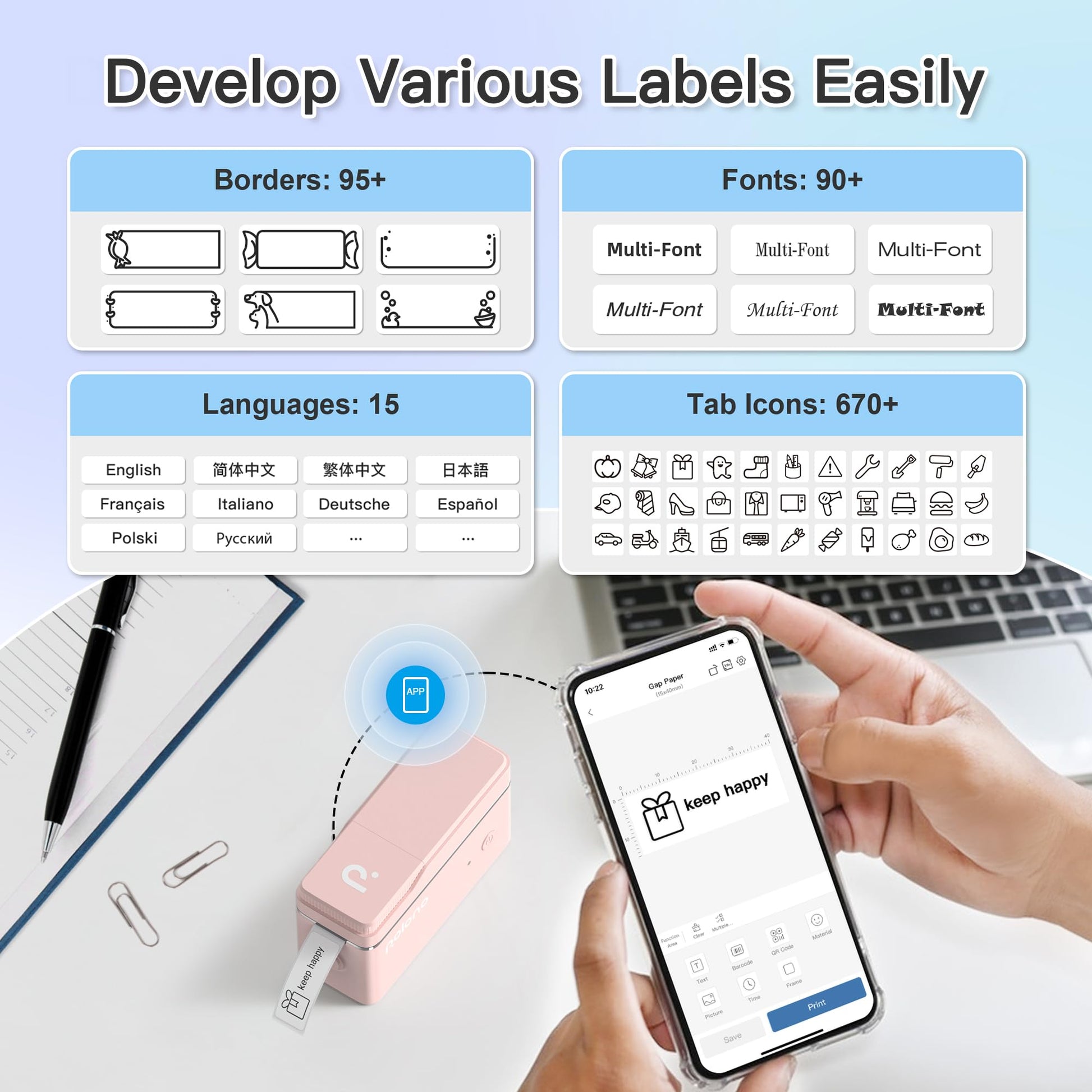 A person displays the Labelnize app on their smartphone beside the pink POLONO P31S Label Maker. It offers borders, fonts, languages, and tab icons. Set against a light blue backdrop with Develop Various Labels Easily in crisp high-definition printing.