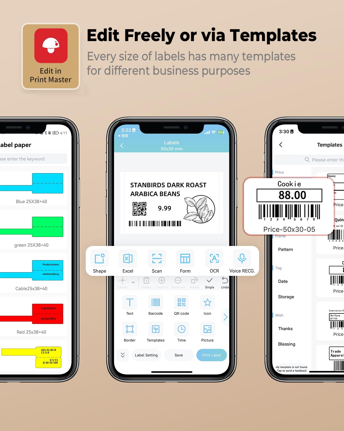 Three smartphones demonstrate diverse label-making apps. One lists designs, another offers a coffee label editor, and the third displays barcode templates under Edit Freely or via Templates. Compatible with Bluetooth label makers such as the Phomemo M110 Portable Label Printer for seamless printing.