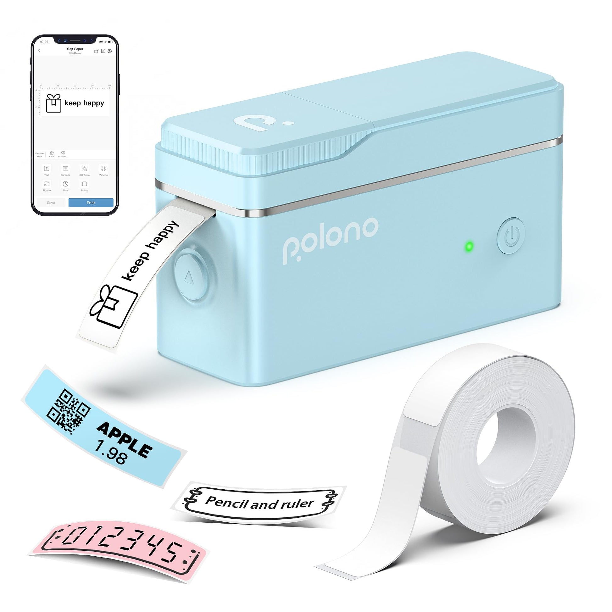 A POLONO P31S Label Maker, a portable Bluetooth thermal printer in blue, is surrounded by sample printed labels, a roll of blank labels, and a smartphone showing the Labelnize app interface to highlight its high-definition printing capabilities.