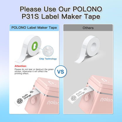 Infographic compares POLONO P31S Label Maker Tape with others. Featuring high-definition prints and green chip tech, the POLONO tape advises against tearing or blocking stickers. A mini label maker displays sample output, and the Labelnize app optimizes your labeling experience.