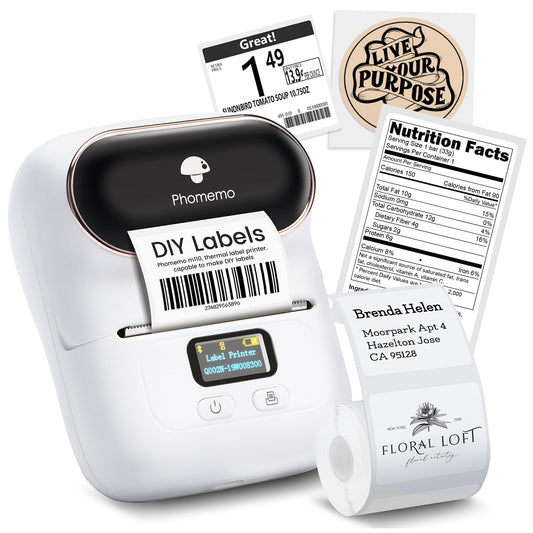 The compact white Phomemo M110 Portable Label Printer for Business Home & Office prints various designs, including barcodes and Live Your Purpose stickers. This Bluetooth thermal label maker also creates nutrition facts and shipping labels, with a roll of label paper showcased beside it.