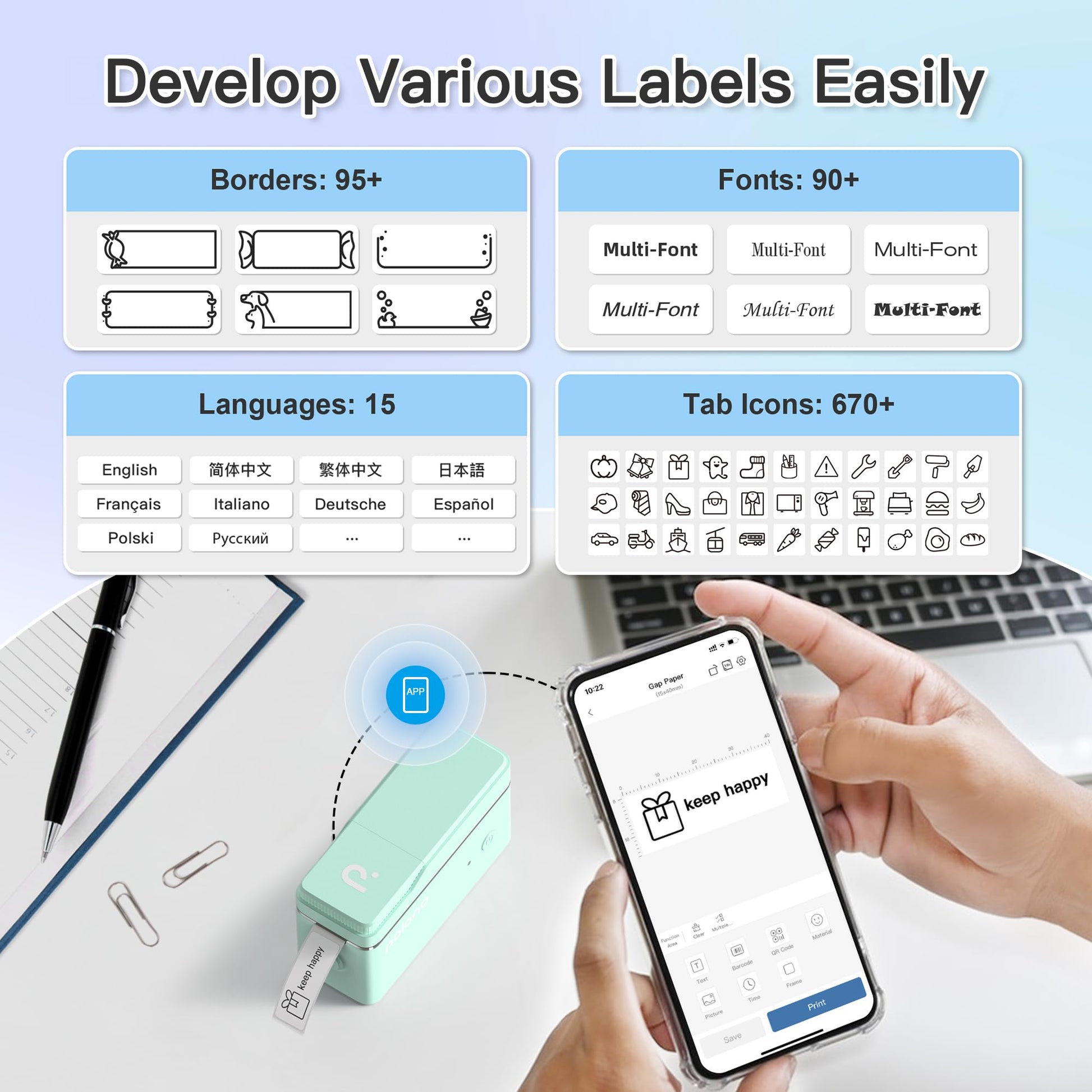 A person using the Labelnize app on their smartphone operates the POLONO P31S Label Maker. The app display shows various customization options like borders, fonts, languages, and tab icons. The mint green portable Bluetooth thermal printer with high-def printing sits beside paper clips on a table.