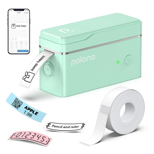 A mint green POLONO P31S portable Bluetooth thermal label maker prints a keep happy label. Nearby are labels with a QR code, an APPLE 1.98, and barcode 012345. A smartphone app highlights its high-definition printing capabilities.