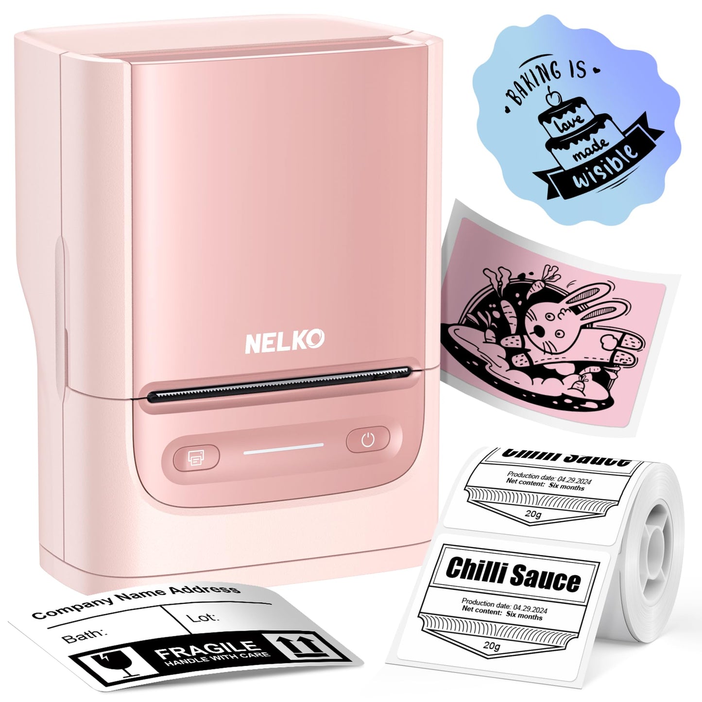 Nelko Label Maker Machine with Tape, PM220 Bluetooth Label Printer, 2 Inch Portable Thermal Printer for Small Business, Address, Logo, Clothing, Sticker Printer for Phones  PC, 1 Count, Pink