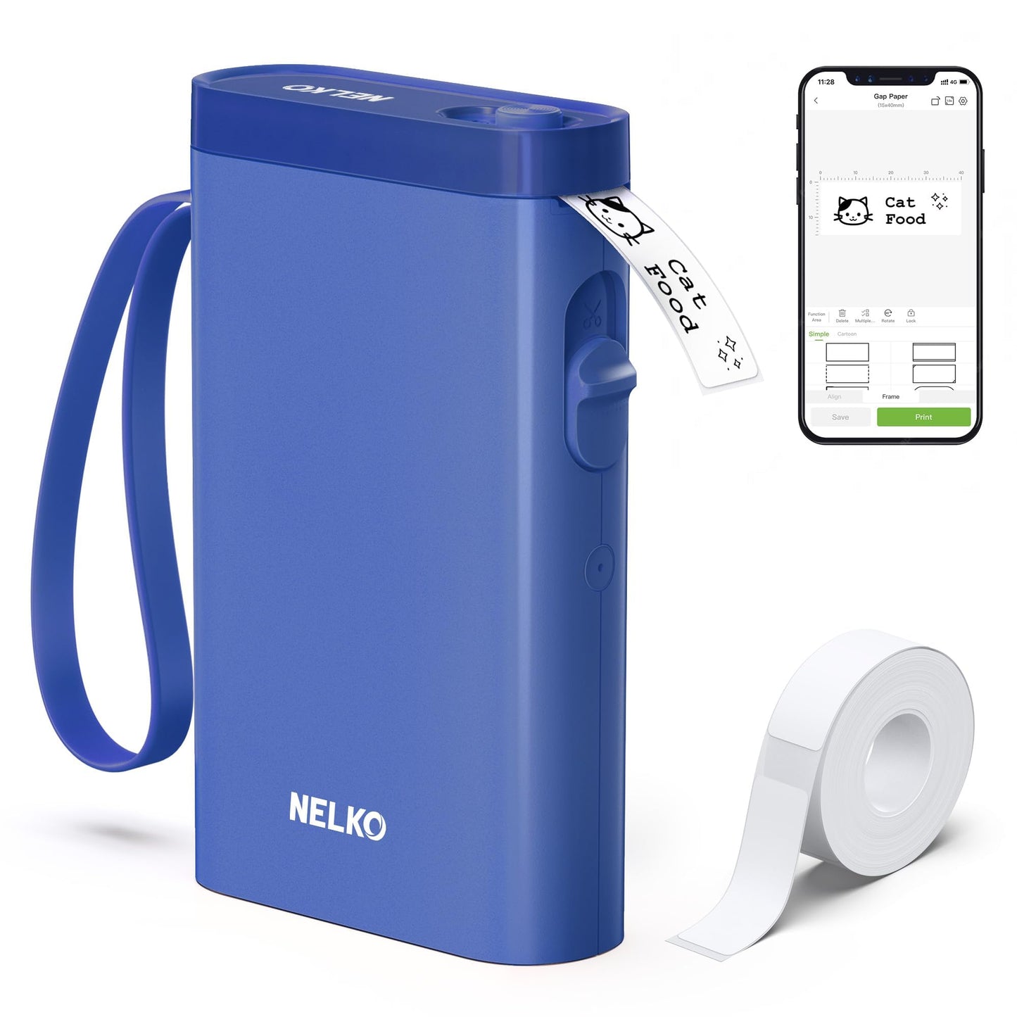 The Nelko Label Maker Machine with Tape, P21 Bluetooth Label Printer in Blue features a wrist strap and Cat Food label. Nearby are thermal label paper rolls and a smartphone with the printer apps design options, making it perfect for your organizing needs.