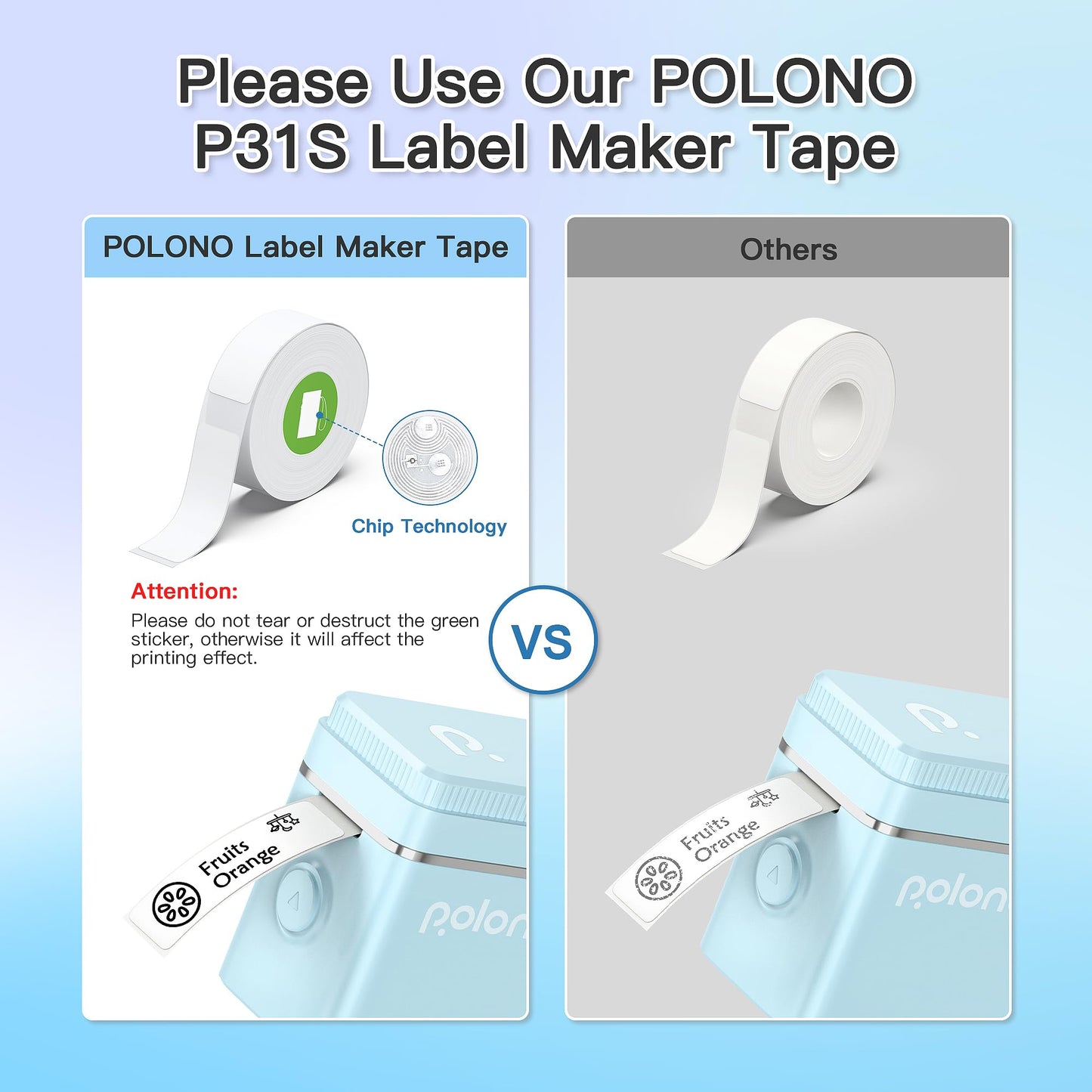 Split image of label maker tape: Left shows POLONO P31S Label Maker Tape with chip tech and HD printing, warning to protect the green sticker. Right shows generic tape lacking features. Bottom displays a Fruits/Orange tag emerging from the POLONO Portable Bluetooth Thermal Printer (Blue).