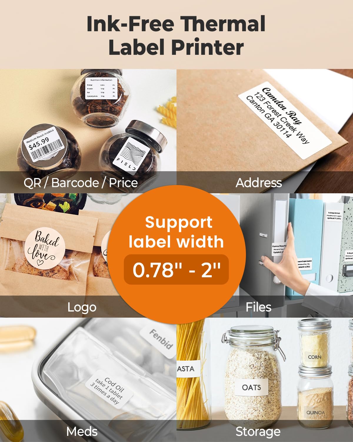 Collage showcasing Phomemo M110 Portable Label Printers uses: labeling jars, envelopes, packages, lockers, baked goods, medicine, and storage. Supports 0.78 to 2 wide labels. Ideal for logos and prices with ink-free thermal efficiency.