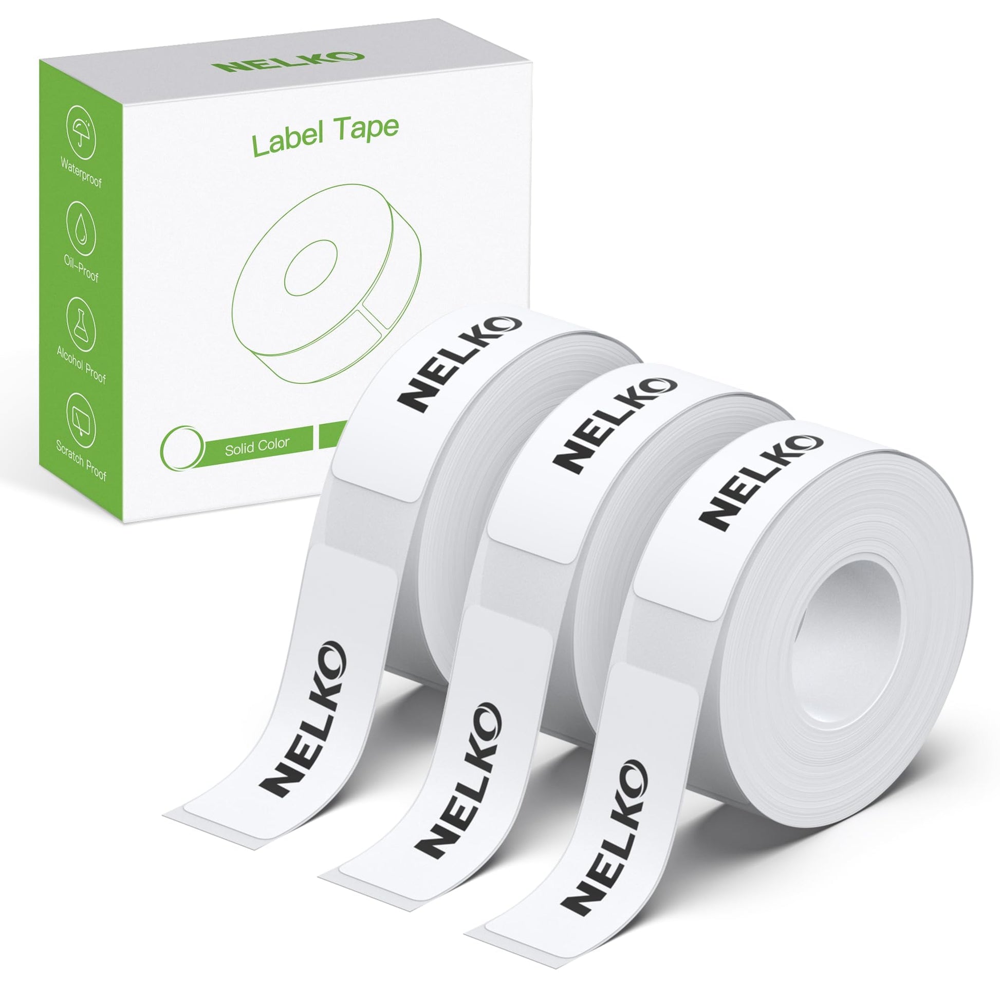 This pack includes three rolls of NELKO P21 Label Maker Tape, each roll containing 180 white labels sized 14x40mm. Ideal for your Nelko P21 printer, the green and white box highlights features like waterproof, oil-proof, abrasion-proof qualities, and strong adhesive power.