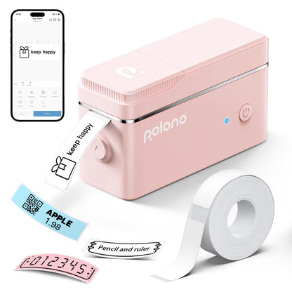 The POLONO P31S, a pink portable Bluetooth thermal printer, features high-definition label printing with keep happy displayed. A smartphone shows the app interface. Labels read APPLE 1.98 and Pencil and ruler, alongside a roll of blank labels ready for use.