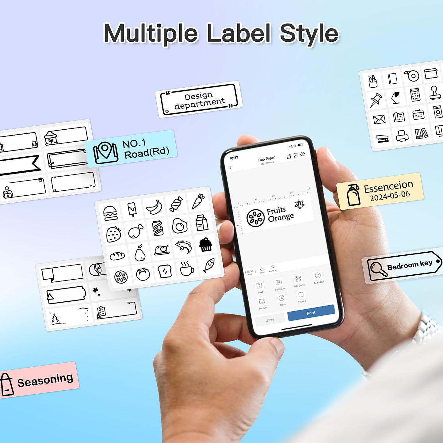 A person holds a smartphone displaying the POLONO P31S Label Maker app interface. The background shows diverse label designs, including icons like food items and keys, with text such as Design department and Seasoning, highlighting the portable Bluetooth thermal printers high-def printing.