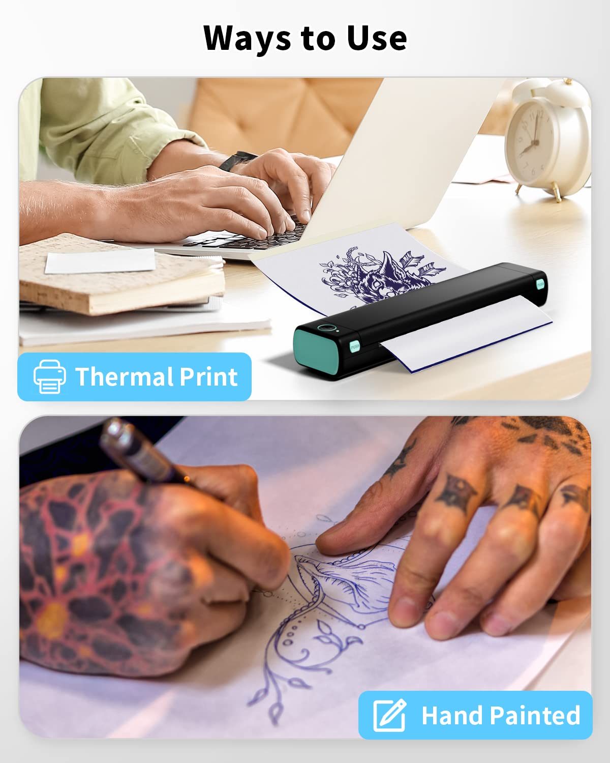 Top image: Person using a laptop and a Phomemo A4 Tattoo Transfer Paper (100 Sheets) with M08F on a desk, labeled Thermal Print. Bottom image: Tattooed hands drawing on paper with marker, labeled Hand Painted.