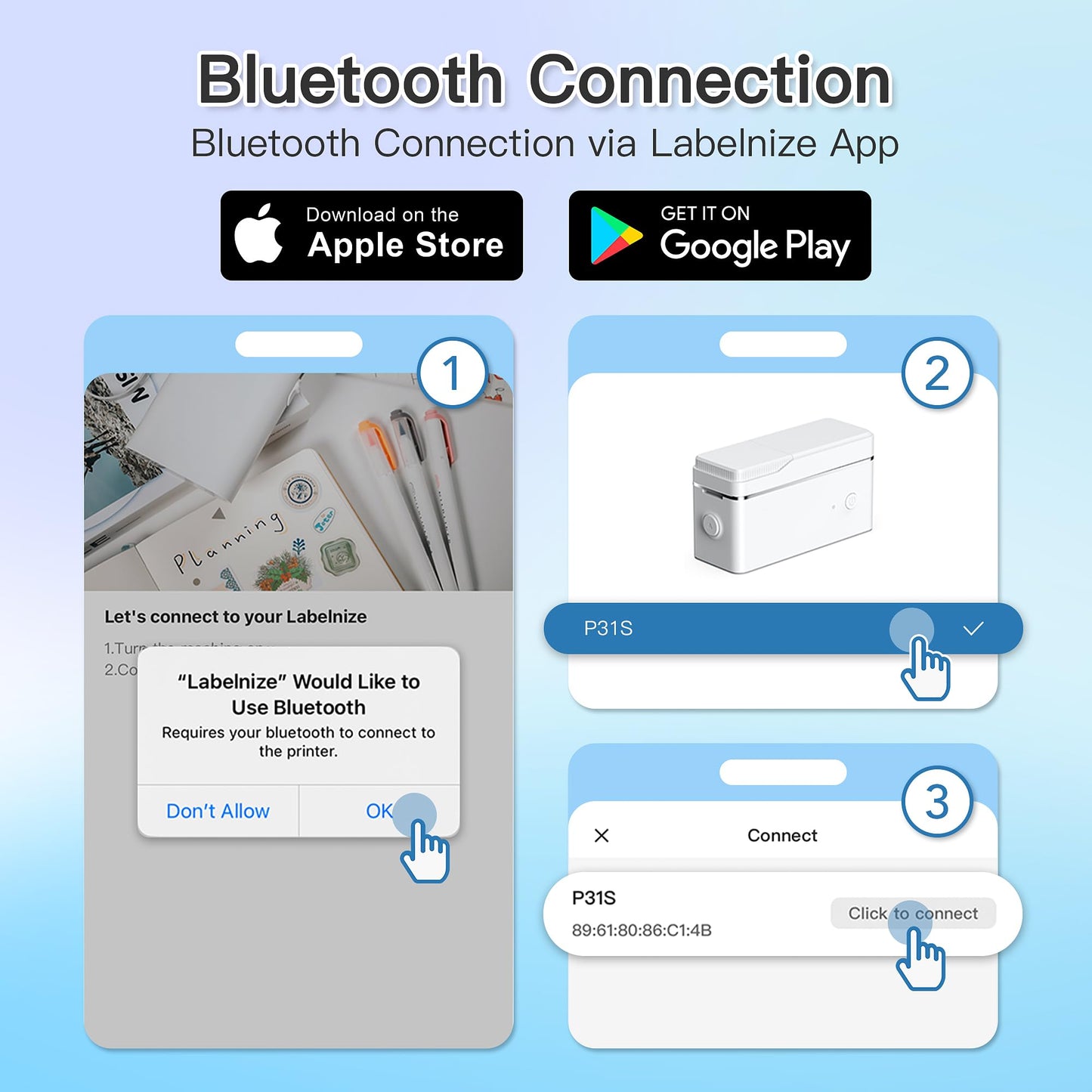 Instructions for connecting the POLONO P31S Label Maker via Bluetooth with the Labelnize app: grant Bluetooth permission, select your device, and confirm connection. Offers high-definition printing. Available on Apple App Store and Google Play Store.