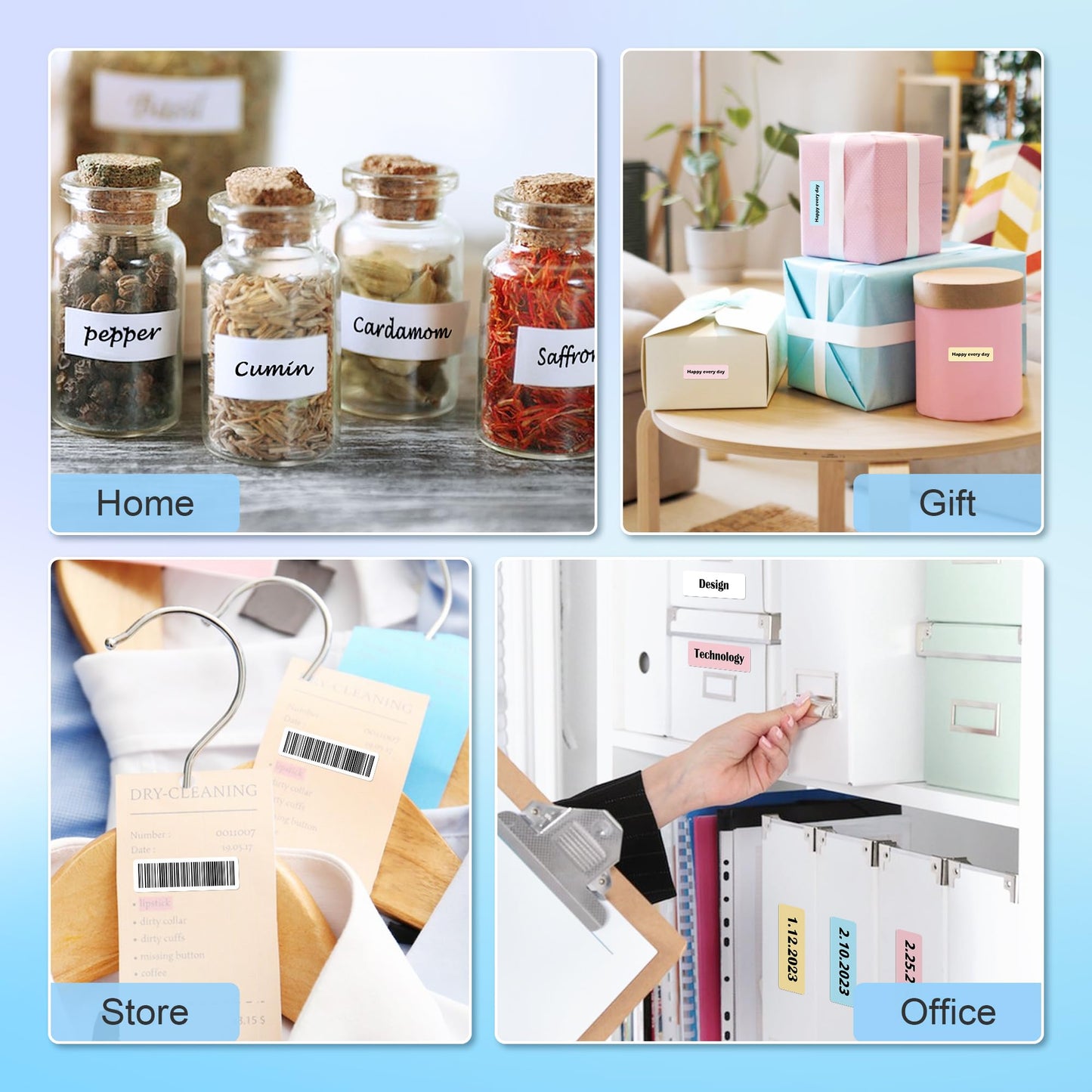 A collage of four labeled images—spice jars (Home), wrapped gifts (Gift), dry cleaning clothes (Store), and office folders (Design)—created using the POLONO P31S Label Maker, a portable Bluetooth thermal printer by POLONO, featuring high-definition printing.