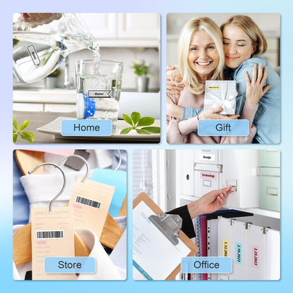 A collage includes four labeled images: Top left, a glass labeled Water at home; top right, a joyful hug with a gift; bottom left, high-definition dry-cleaning labels on clothing via the POLONO P31S Label Maker; bottom right, files neatly organized in an office.