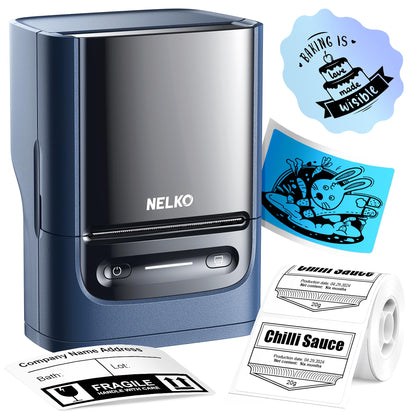 Nelko Label Maker Machine with Tape, PM220 Bluetooth Label Printer, 2 Inch Portable Thermal Printer for Small Business, Address, Logo, Clothing, Sticker Printer for Phones  PC, 1 Count, Blue