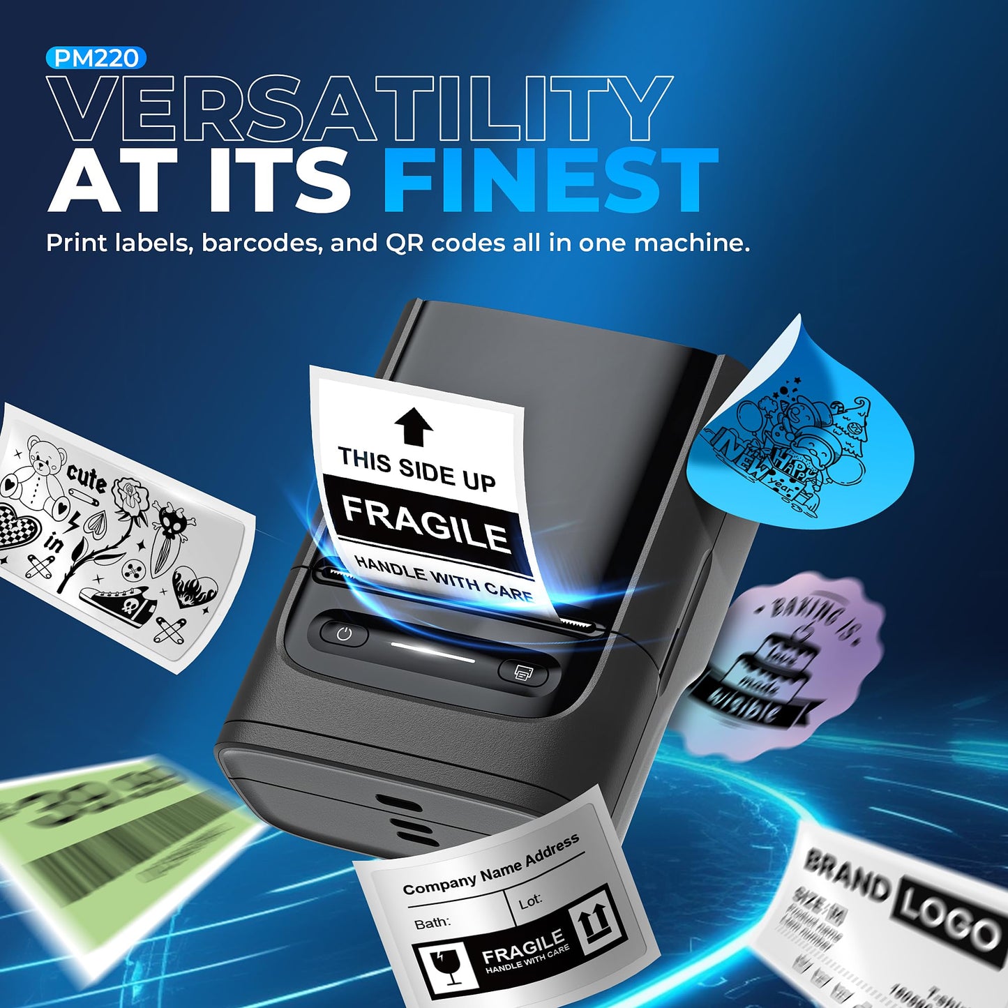 The Nelko PM220 Label Printer, a portable 2 thermal Bluetooth device in black, offers versatility with labels like FRAGILE, barcodes, QR codes, and decorative stickers using Direct Thermal Technology. Experience effortless printing connected via Bluetooth for Versatility at Its Finest.