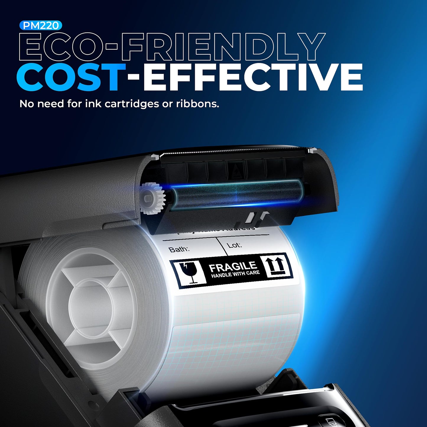 The Nelko PM220 Label Printer is a portable 2 thermal Bluetooth device utilizing Direct Thermal Technology without ink cartridges. It prints labels like FRAGILE HANDLE WITH CARE with symbols and is compatible with the Nelko APP, set against a blue gradient background labeled ECO-FRIENDLY COST-EFFECTIVE.