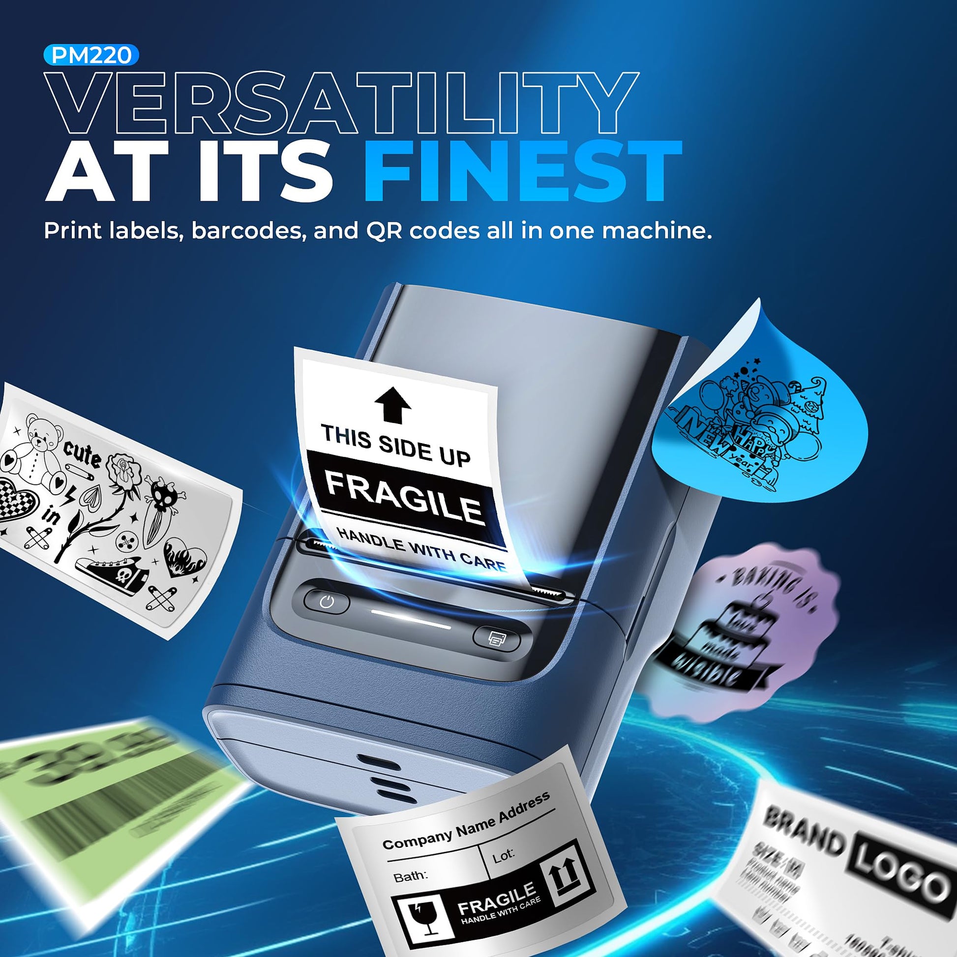 The image displays a Nelko PM220 Label Printer Portable 2 Thermal Bluetooth (Blue) with high-quality prints like a Fragile sign, QR code, and company address. The text, Versatility at its Finest, emphasizes customizable templates for label printing.