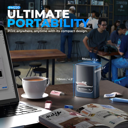 A blue Nelko PM220 Label Printer rests on a table with a laptop, smartphone, and coffee cup. The text Ultimate Portability is displayed, emphasizing its compact size of 85mm x 113mm x 62mm. People in the background at a café or workspace enjoy seamless Bluetooth connectivity.